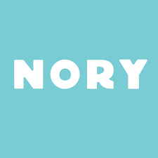 White NORY logo on a light blue background